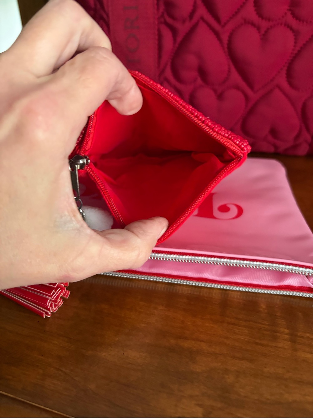 Victoria's Secret Red Quilted Tote with Pink 'Love' Pouch & heart pouch - Picture 4 of 9
